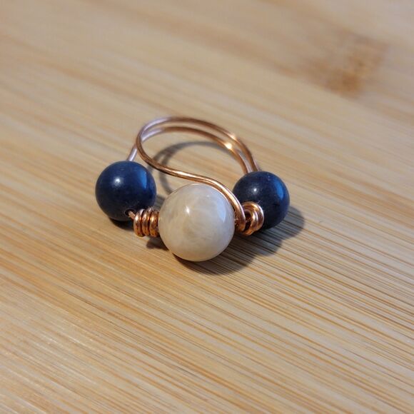 Handmade Sunstone and Blue Aventurine Copper Wire Wrapped Ring - Picture 3 of 4